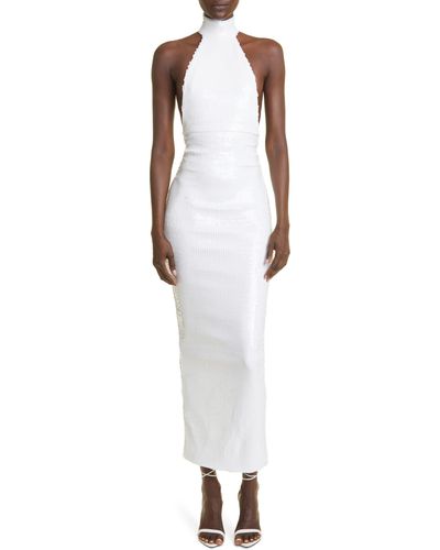 LAQUAN SMITH Sequin Mock Neck Column Gown - White