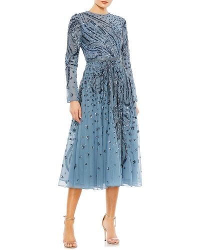 Mac Duggal Embellished Illusion Long-sleeve Dress - Blue