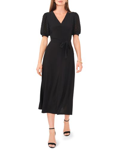 Chaus Clip Dot Puff Sleeve Tie Front Midi Dress - Black