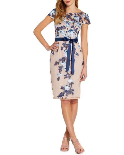 Adrianna Papell Embroidered Floral Tie Waist Sheath Dress - Blue