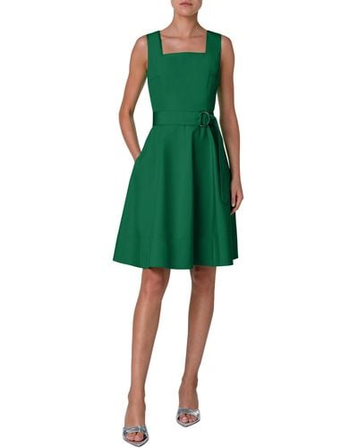 Akris Punto Belted Square Neck Cotton Fit & Flare Dress - Green
