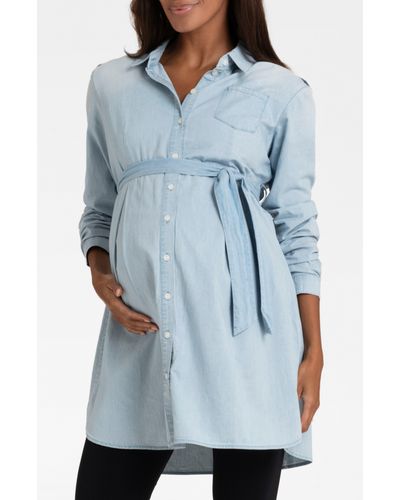 Seraphine Long Sleeve Maternity Shirtdress At Nordstrom - Blue