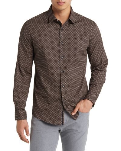 Stone Rose Clover Geometric Print Stretch Cotton Button-up Shirt - Brown