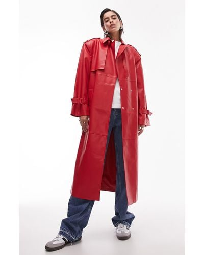 TOPSHOP Belted Faux Leather Trench Coat - Red