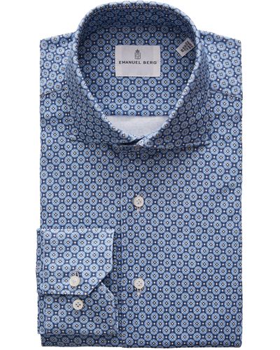 Emanuel Berg 4flex Modern Fit Medallion Print Knit Button-up Shirt - Blue