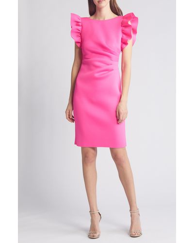 Eliza J Ruffle Sleeve Satin Cocktail Sheath Dress - Pink