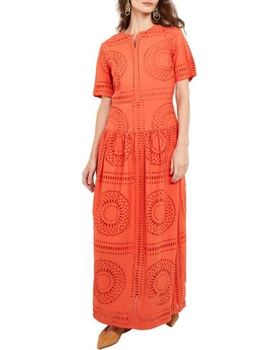 Misook Eyelet Embroidery Maxi Dress - Orange