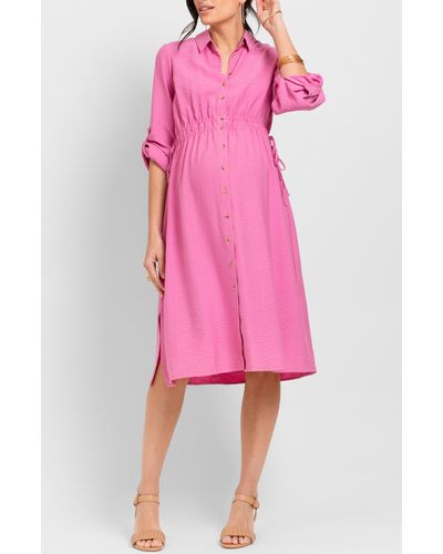 Seraphine Long Sleeve Maternity Shirtdress - Pink