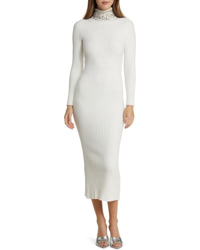 Bebe Crystal Neck Long Sleeve Rib Midi Dress - White