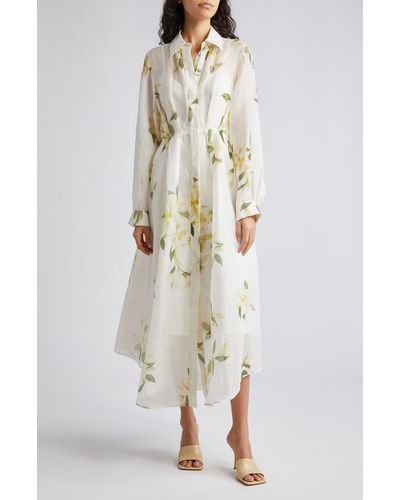 Zimmermann Harmony Floral Print Pleated Long Sleeve Linen & Silk Shirtdress - Natural