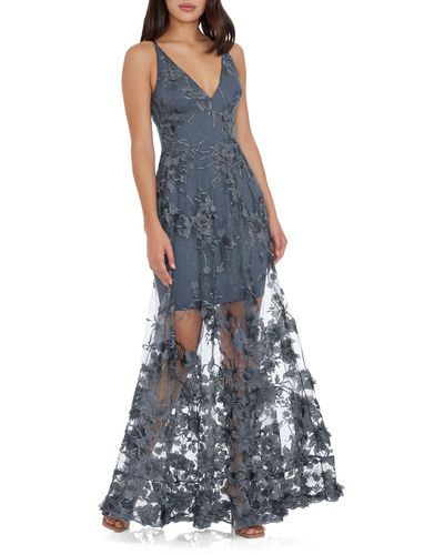 Dress the Population Sidney Deep V-neck 3d Lace Gown - Blue