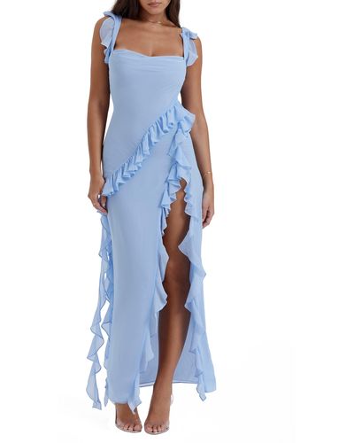 House Of Cb Ariela Ruffle Side Slit Gown - Blue