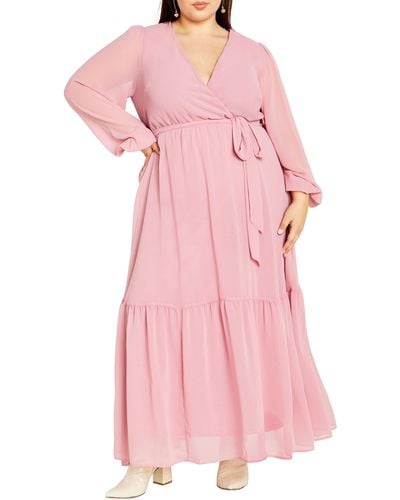 City Chic Charlie Long Sleeve Faux Wrap Maxi Dress - Pink