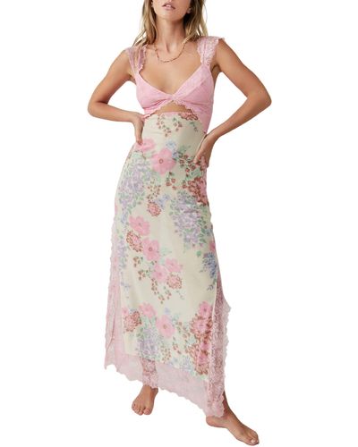 Free People Suddenly Fine Floral Print Cutout Lace Trim Nightgown - Multicolor