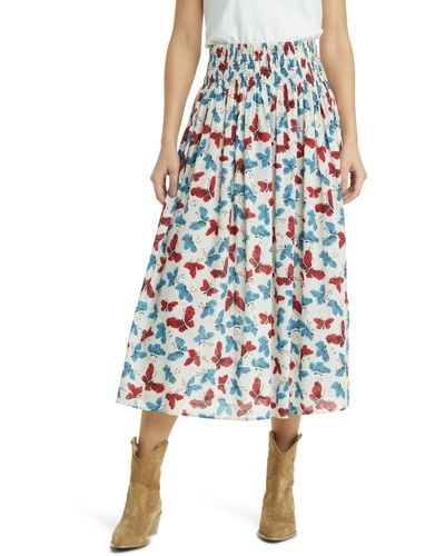 The Great The Viola Butterfly Smocked Waist Cotton Midi Skirt - Multicolor