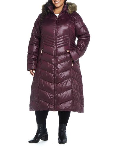 Gallery Hooded Maxi Puffer Coat With Faux Fur Trim - Red