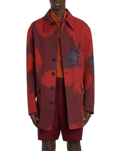 Valentino Flower Portrait Print Cotton Coat - Red