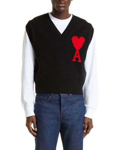 Ami Paris Ami De Couer V-neck Wool Sweater Vest - Black