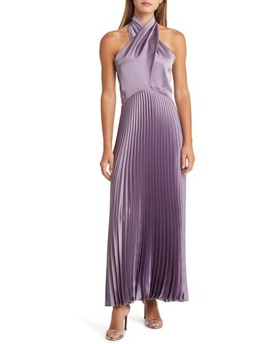 Amsale Pleat Halter Satin Gown - Purple