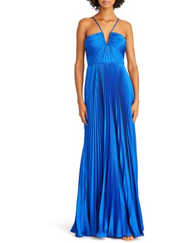 ML Monique Lhuillier Pleated Satin Gown - Blue