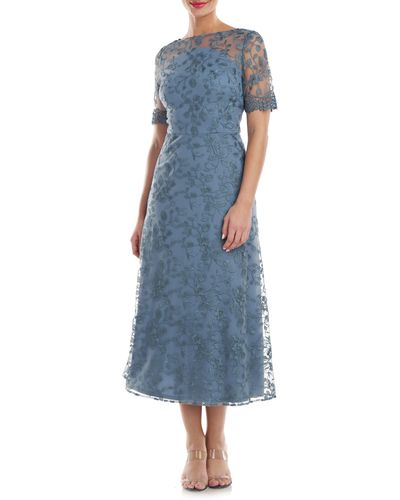 JS Collections Theresa Embroidered Floral Midi A-line Dress - Blue