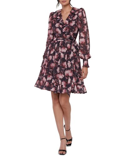 Rachel Parcell Floral Long Sleeve Chiffon Wrap Dress - Red