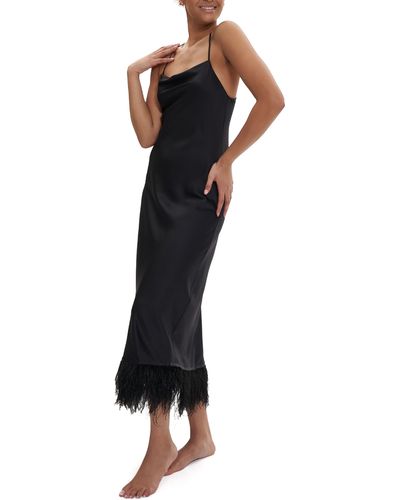 Rya Collection Swan Ostrich Feather Trim Charmeuse Nightgown - Black