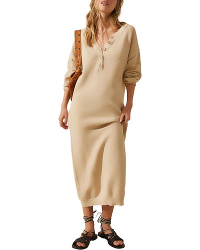 Free People Hailee Long Sleeve Cotton Sweater Dress - Natural