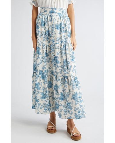 Loretta Caponi Nuvola Floral Tiered Crepe Maxi Skirt - Blue