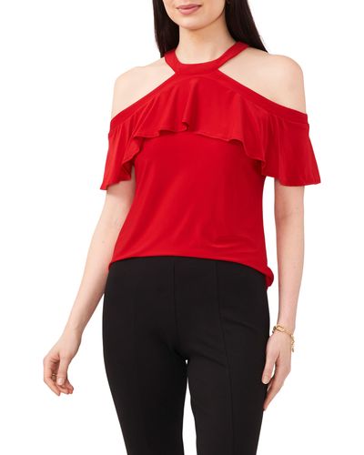 Chaus Ruffle Cold Shoulder Blouse - Red