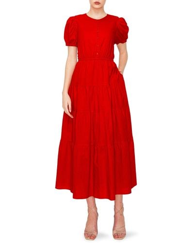 MELLODAY Puff Sleeve Button Front Linen Blend Fit & Flare Midi Dress - Red