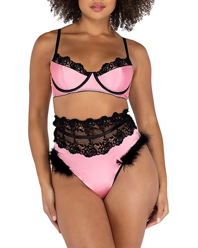 ROMA CONFIDENTIAL Embroidery & Satin Underwire Bra & High Waisted Thong - Pink