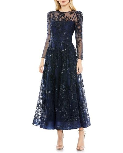 Mac Duggal Sequin Floral Long Sleeve Tulle Midi Dress - Blue