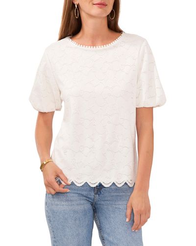 Vince Camuto Floral Openwork Puff Sleeve Top - White