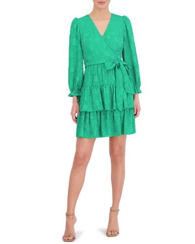 Eliza J Floral Appliqué Long Sleeve Tiered Dress - Green