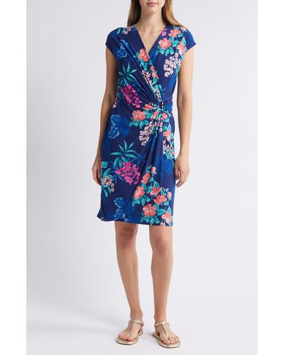 Tommy Bahama Clara Bouquet Short Sleeve Faux Wrap Dress - Blue