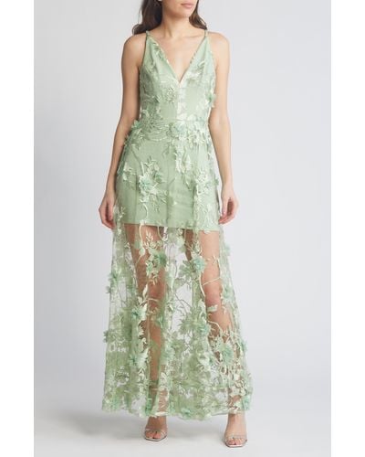 Dress the Population Sidney Deep V-neck 3d Lace Gown - Green