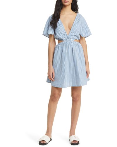 TOPSHOP Stripe Cutout Cotton Dress - Blue