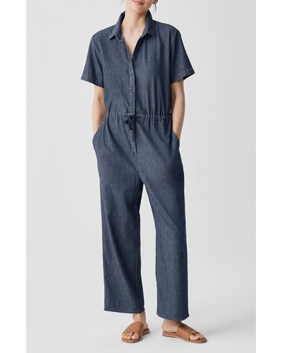 Eileen Fisher Classic Collar Organic Cotton Ankle Jumpsuit - Blue