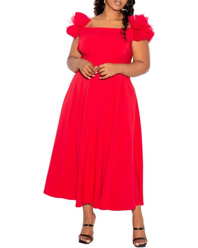 Buxom Couture Off The Shoulder Tulle Sleeve A-line Dress - Red