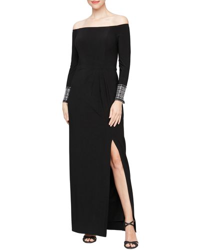 Alex Evenings Off The Shoulder Long Sleeve Gown - Black