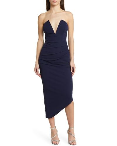 Lulus Certain To Stun Strapless Asymmetric Midi Dress - Blue