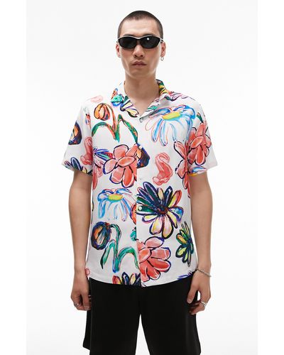 TOPMAN Abstract Floral Print Short Sleeve Button-up Camp Shirt - Red