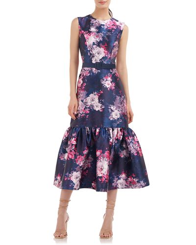 Kay Unger Floral Midi Cocktail And Party Dress - Blue