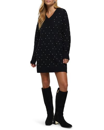 River Island Leonie Crystal Embellished Long Sleeve Sweater Dress - Black