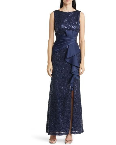 Eliza J Sequin Ruffle Sleeveless Lace Trumpet Gown - Blue