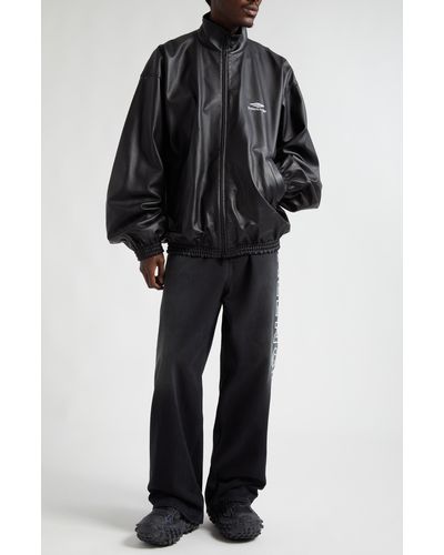 Balenciaga 3b Logo Oversize Leather Track Jacket - Black