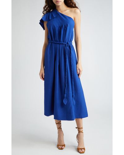 FARM Rio Leaf One-shoulder Belted Linen Blend Midi Dress - Blue