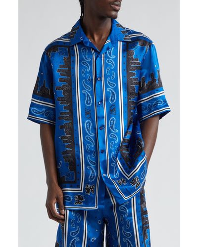 Off-White c/o Virgil Abloh Bandana Short Sleeve Satin Button-up Bowling Shirt - Blue