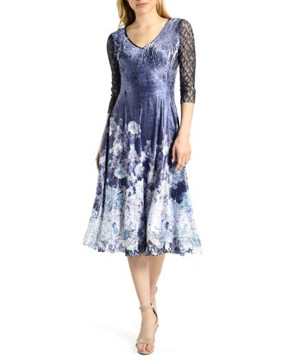 Komarov Floral Print Charmeuse & Lace Cocktail Midi Dress - Blue